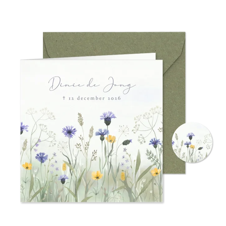 Stijlvolle rouwkaart met aquarel geschilderde wilde bloemen