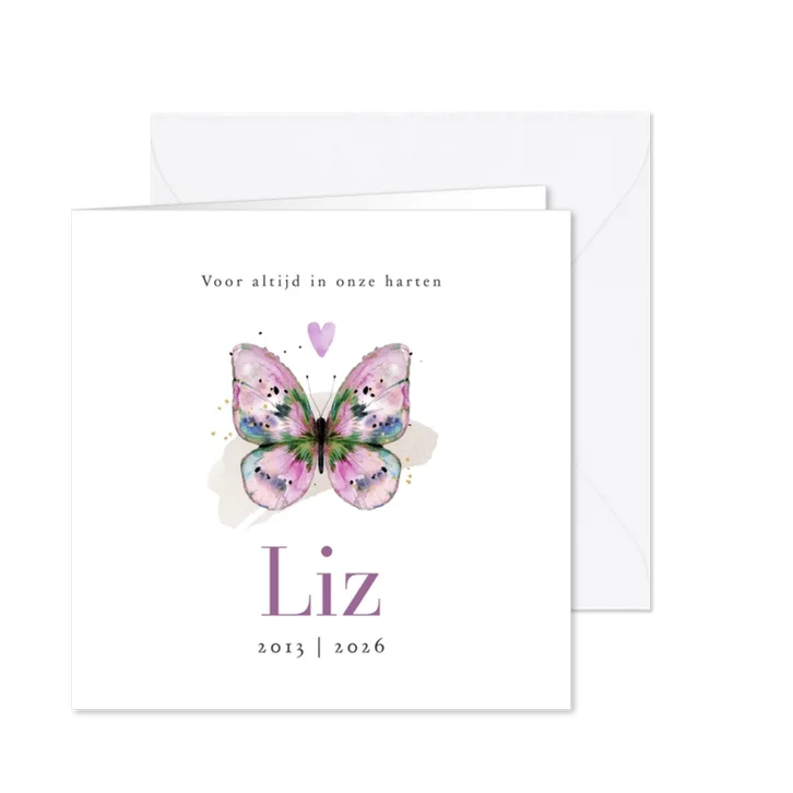 Stijlvolle rouwkaart watercolor vlinder roze hartje