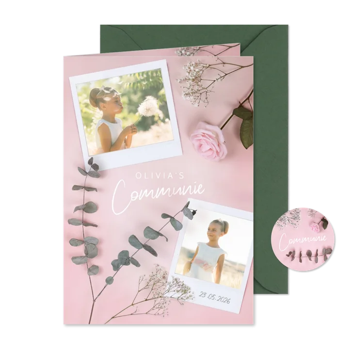Stijlvolle roze communie uitnodiging met foto's en rozen