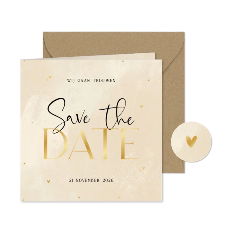 Stijlvolle save the date beige steenlook hartjes stipjes