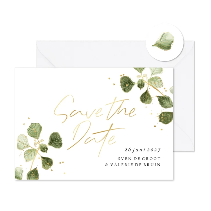 Stijlvolle save the date bladertak goud hartjesconfetti