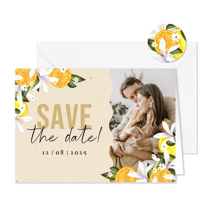 Stijlvolle save the date botanisch zomer mediterraans fruit