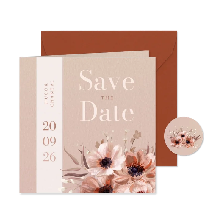 Stijlvolle save the date kaart botanisch met wikkel effect