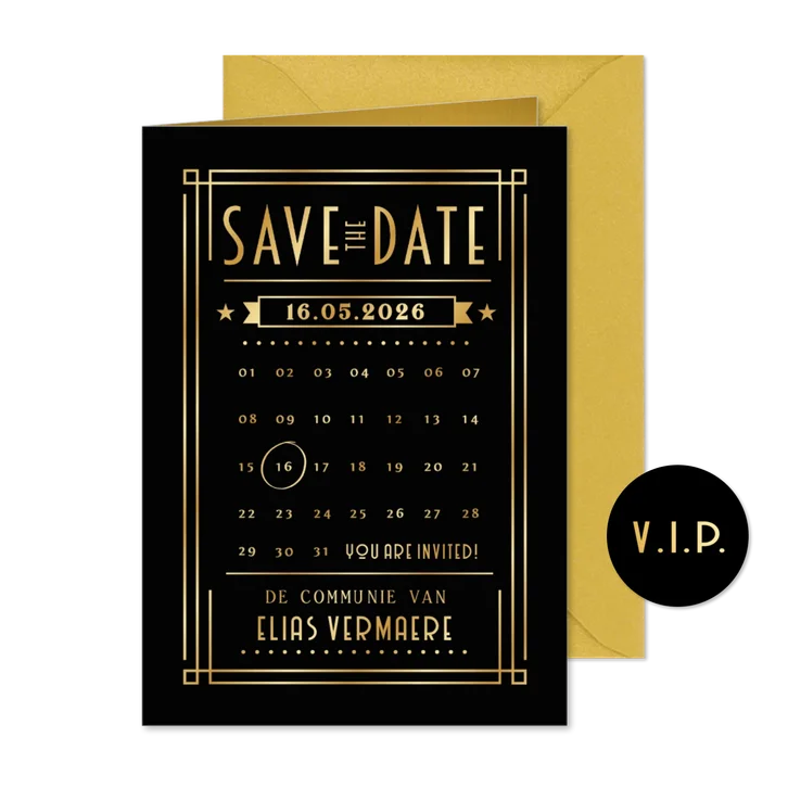 Stijlvolle Save the Date kaart communie - met goudfolie