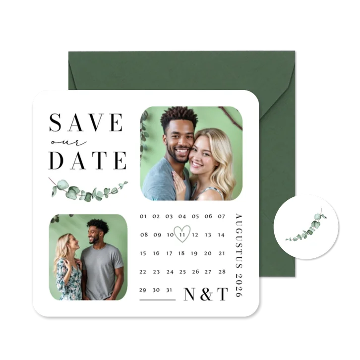 Stijlvolle save the date kaart eucalyptus kalender foto's