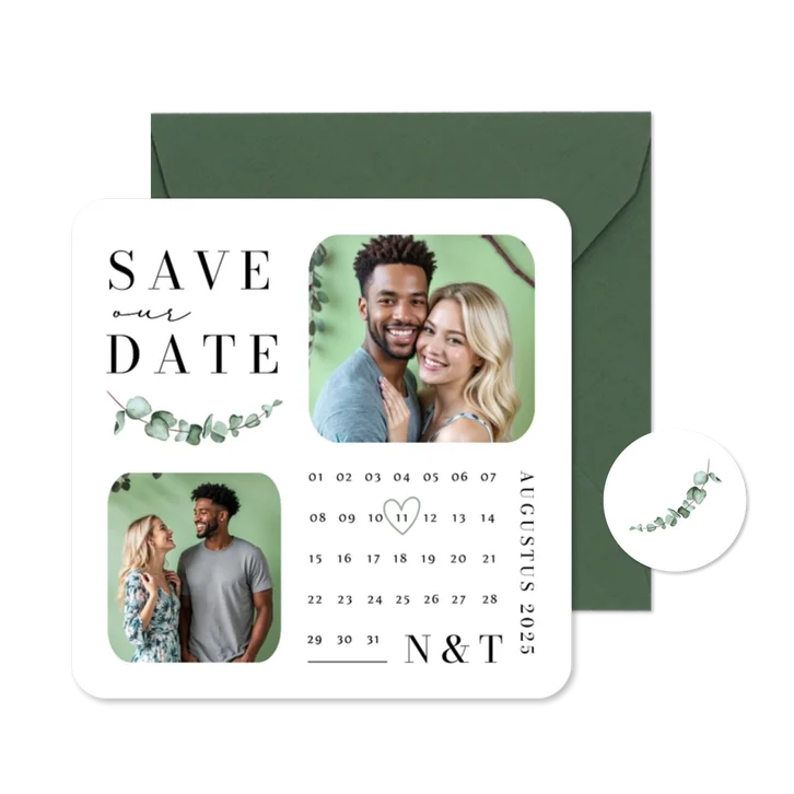 Stijlvolle save the date kaart eucalyptus kalender foto's