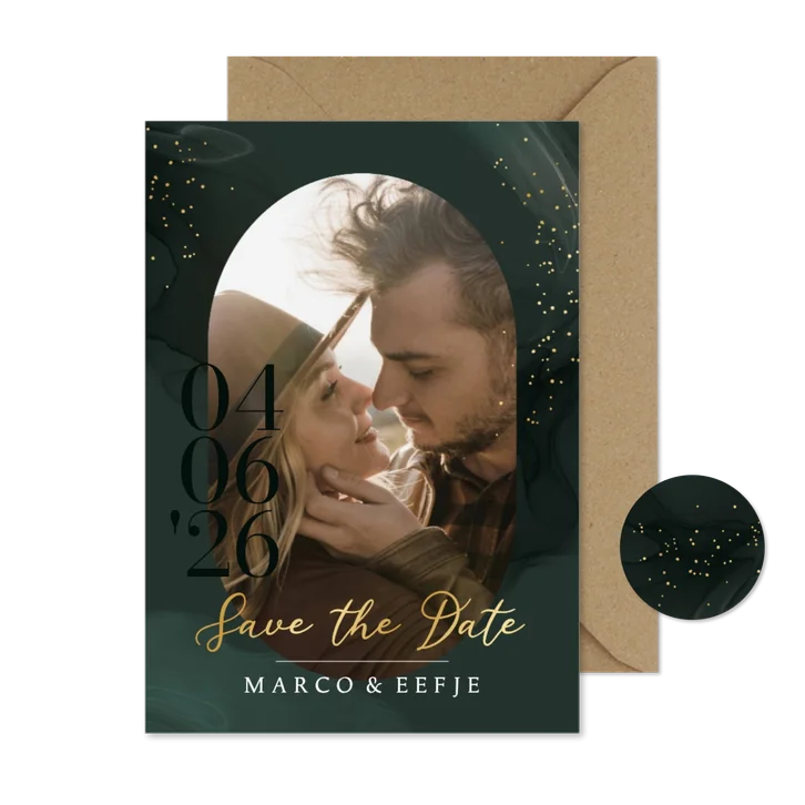Stijlvolle save the date kaart foto datum watercolor goud
