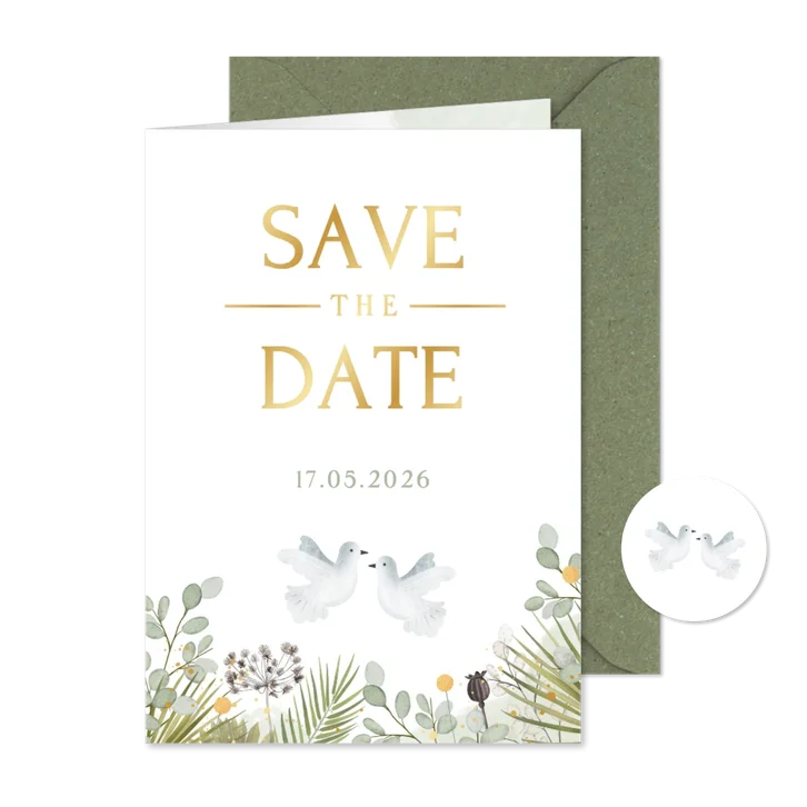 Stijlvolle Save the Date kaart met 2 witte duiven en planten