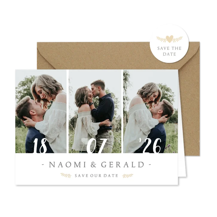 Stijlvolle Save the Date kaart met 3 foto's en trouwdatum