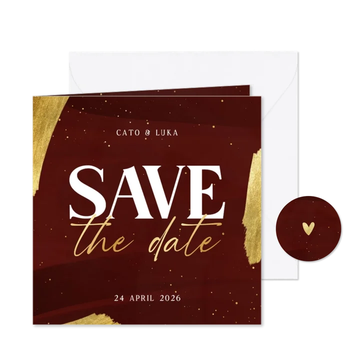 Stijlvolle save the date kaart met gouden spetters verf rood