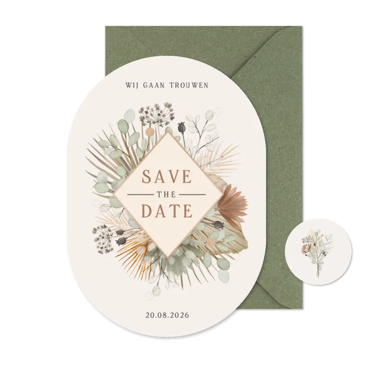 Stijlvolle Save the Date kaart ovaal droogbloemen botanisch 