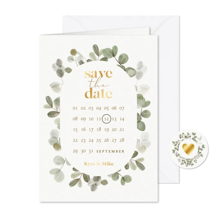 Stijlvolle save the date kalender eucalyptus en goudfolie