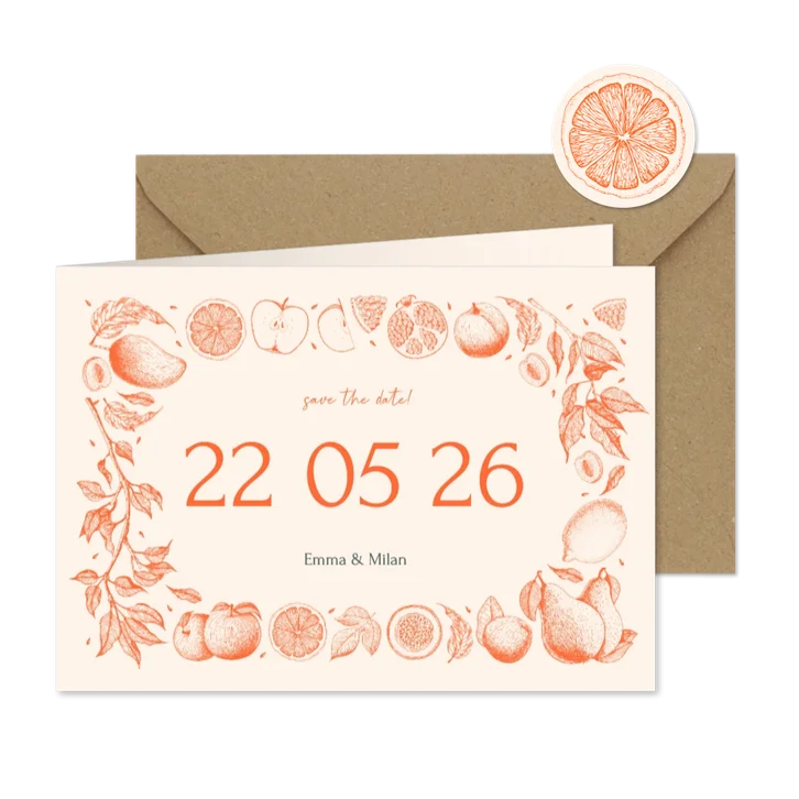 Stijlvolle save the date met vintage tekeningen van fruit