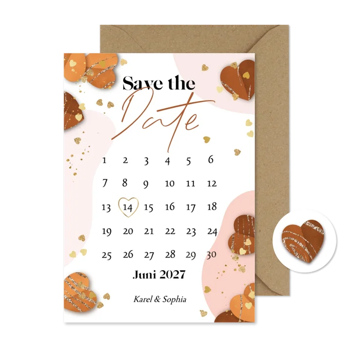 Stijlvolle save the date organische vormen hartjes goud