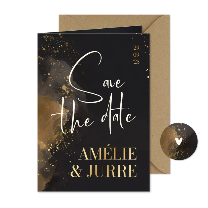 Stijlvolle save the date trouwen donker grijs waterverf goud