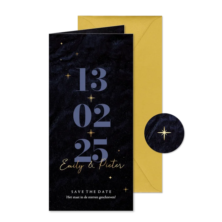Stijlvolle save the date trouwkaart gouden sterren blauw
