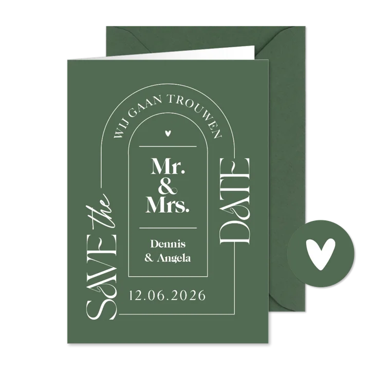 Stijlvolle save the date trouwkaart grafisch olijfgroen