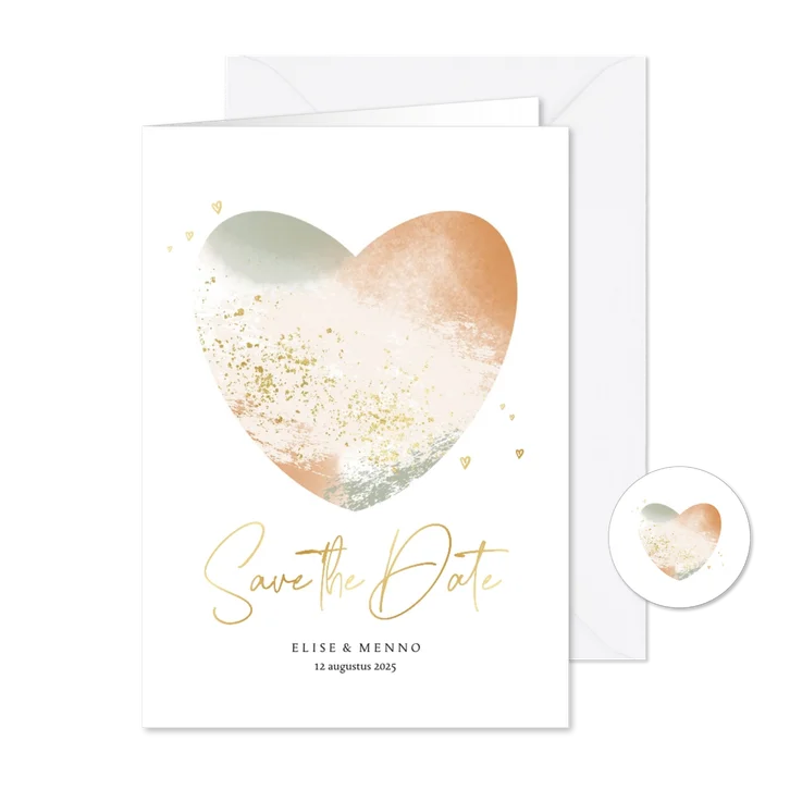 Stijlvolle Save the Date trouwkaart met gouden hartjes