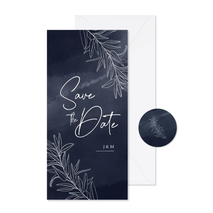 Stijlvolle Save the Date trouwkaart zilver takjes waterverf
