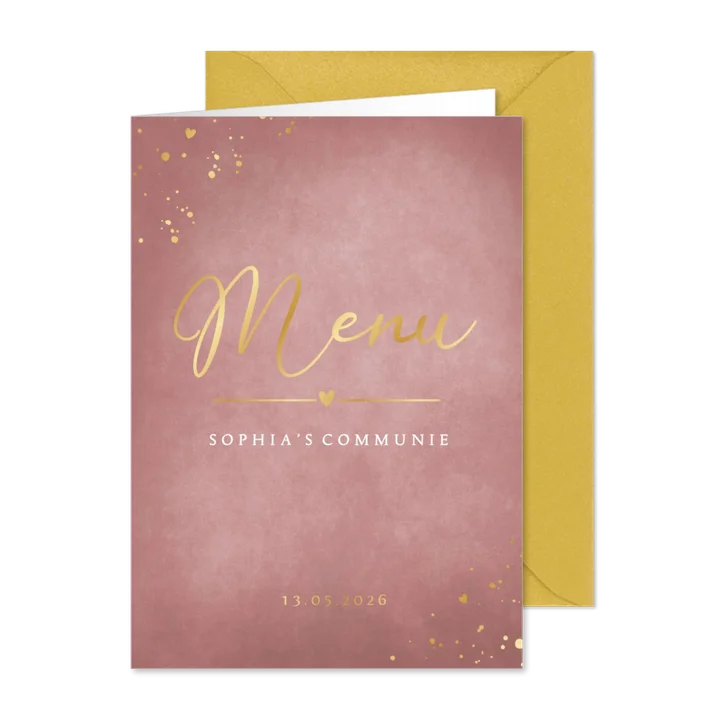 Stijlvolle staande oudroze menukaart met goudlook spetters