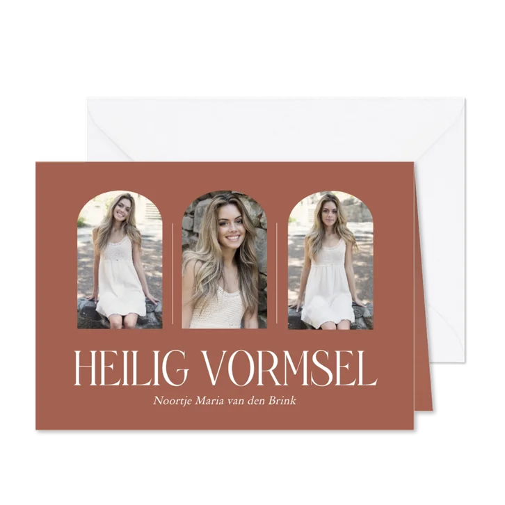 Stijlvolle terracotta vormsel uitnodiging met eigen foto's