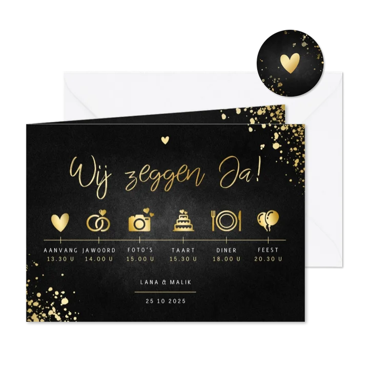 Stijlvolle tijdlijn trouwkaart goud met spetters krijtbord