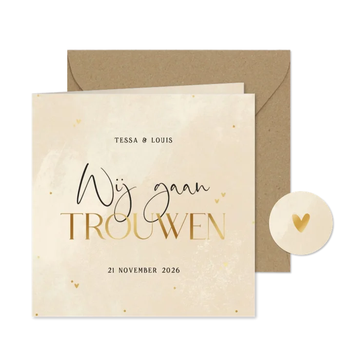 Stijlvolle trouwkaart beige steenlook wij gaan trouwen