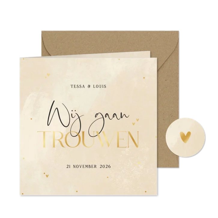 Stijlvolle trouwkaart beige steenlook wij gaan trouwen