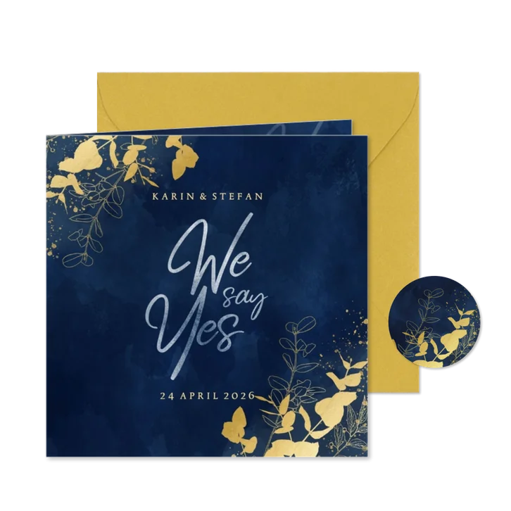 Stijlvolle trouwkaart blauwe waterverf gouden eucalyptus