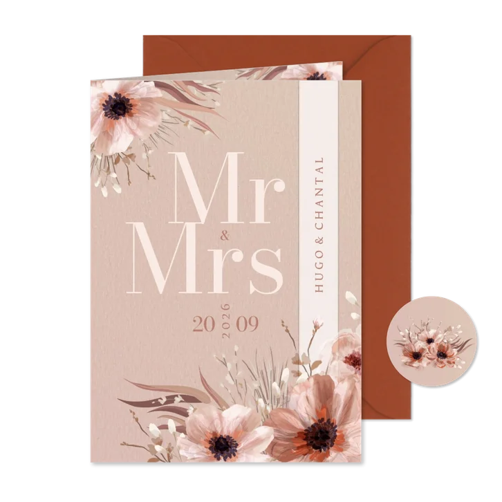 Stijlvolle trouwkaart botanisch Mr & Mrs met wikkel effect
