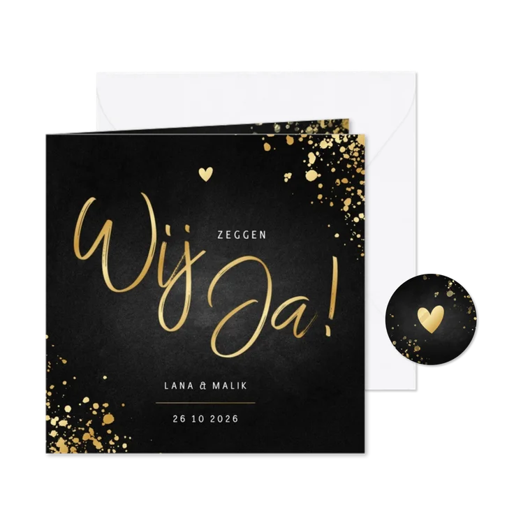 Stijlvolle trouwkaart goud met spetters krijtbord