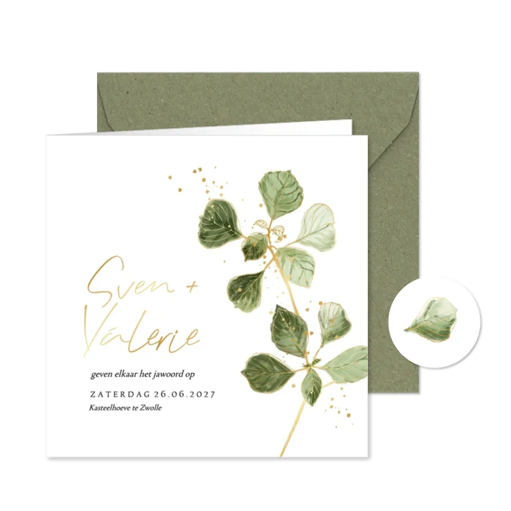 Stijlvolle trouwkaart illustratie botanisch blad lijn goud