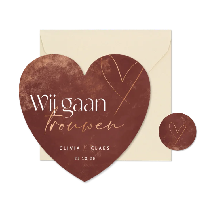Stijlvolle trouwkaart in hartvorm met koper accenten