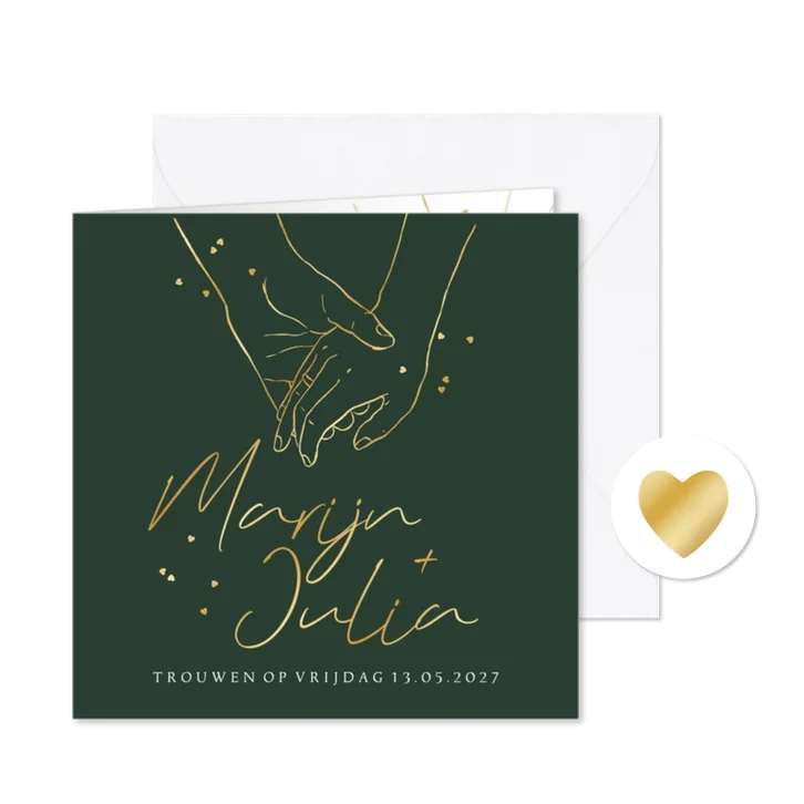 Stijlvolle trouwkaart lijnillustratie handen hartjes goud