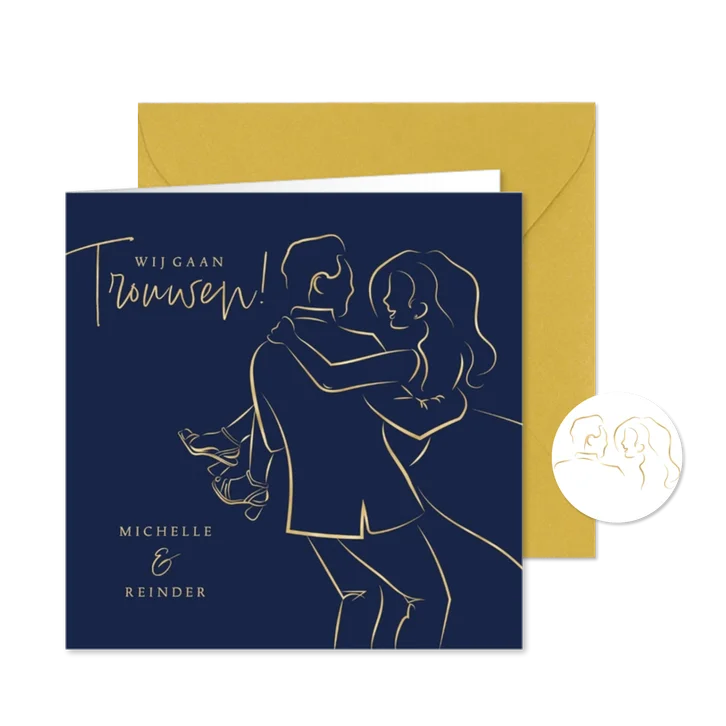 Stijlvolle trouwkaart lijntekening goud verliefd bruidspaar