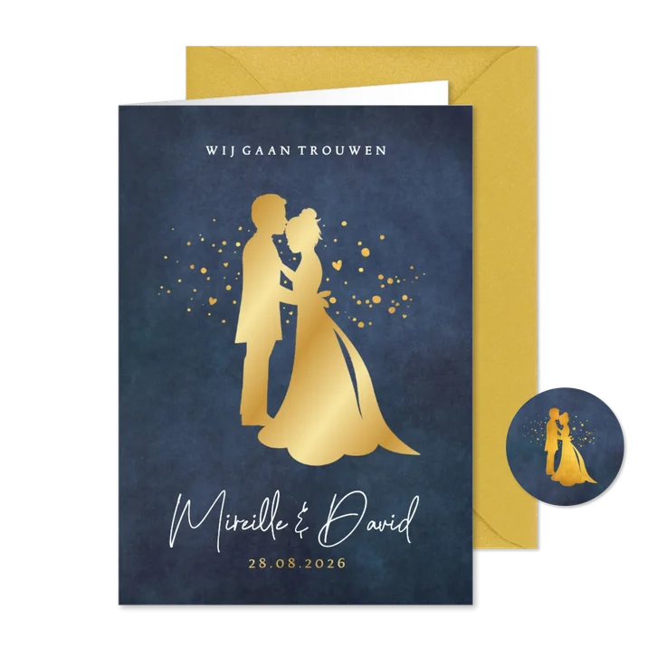 Stijlvolle trouwkaart met gouden bruidspaar silhouet 
