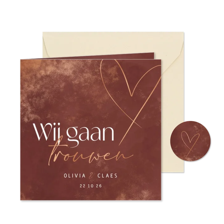 Stijlvolle trouwkaart met koper accenten