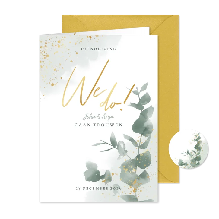 Stijlvolle trouwkaart met waterverf, takje & gouden spetters