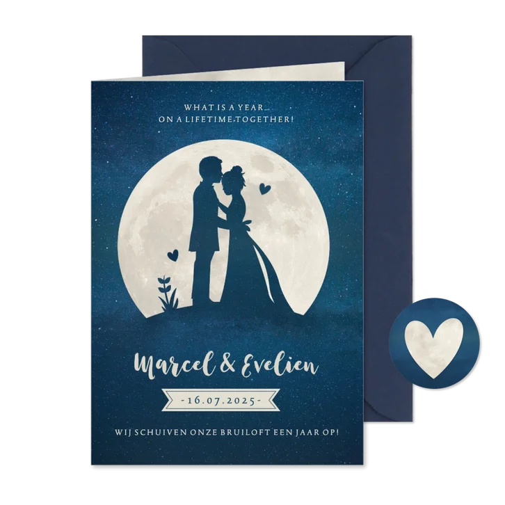 Stijlvolle trouwkaart nieuwe datum met silhouetje en maan 