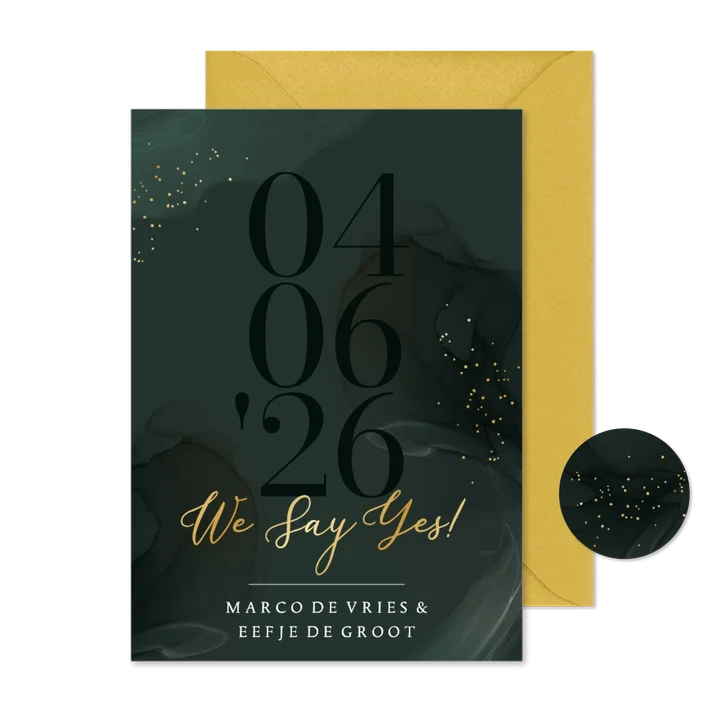Stijlvolle trouwkaart soft watercolor 'We Say Yes' goud
