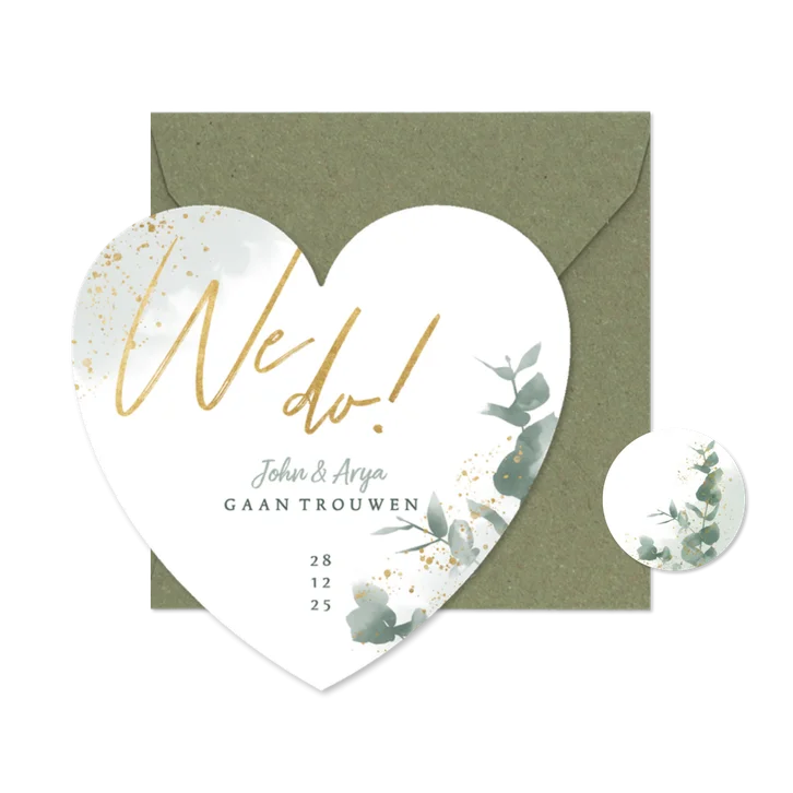 Stijlvolle trouwkaart waterverf eucalyptus & gouden spetters