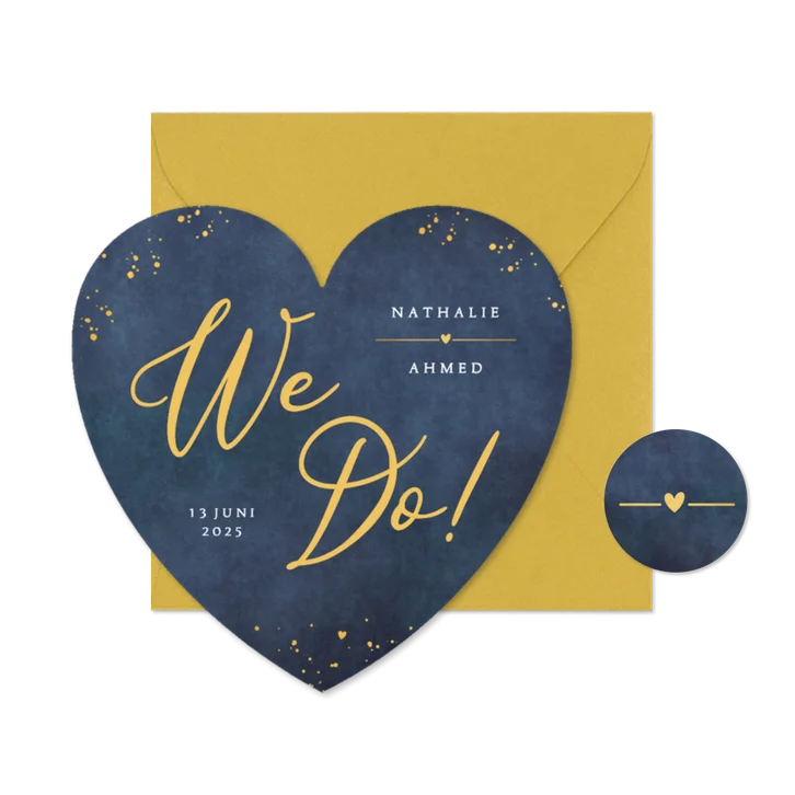 Stijlvolle trouwkaart We Do - donkerblauw in hartjesvorm
