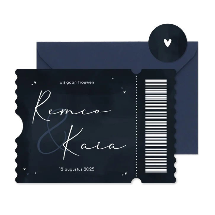 Stijlvolle trouwuitnodiging ticket donkerblauw hartjes