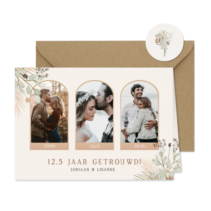 Stijlvolle uitnodiging 12,5 jaar getrouwd met droogbloemen