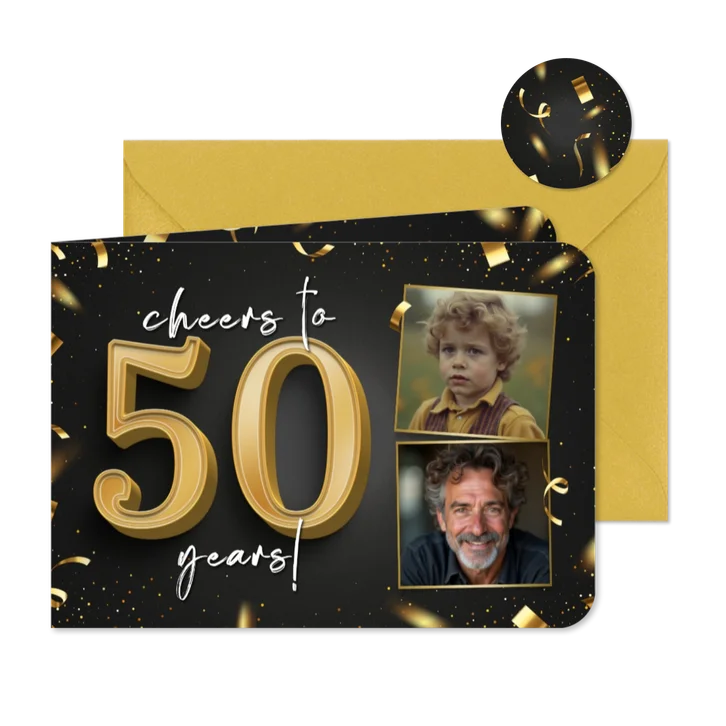 Stijlvolle uitnodiging 2 foto's goud cheers to 50 years 