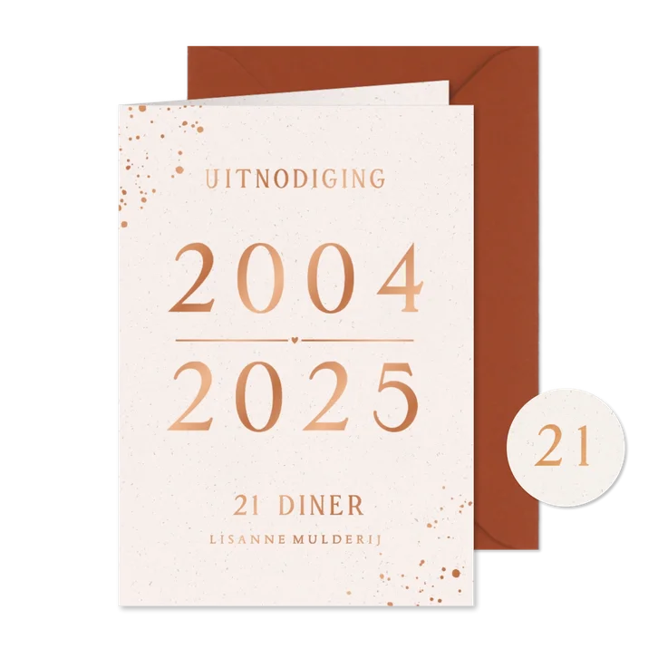 Stijlvolle uitnodiging 21 diner met koperfolie en 2005