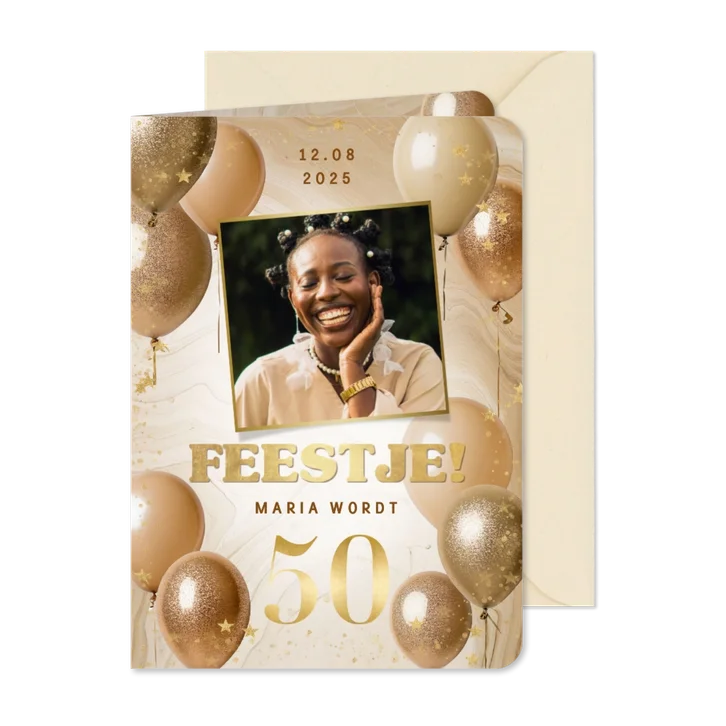 Stijlvolle uitnodiging 50 jaar verjaardag ballonnen & marmer