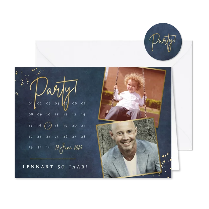 Stijlvolle uitnodiging 50 jarig feestje met kalender en foto
