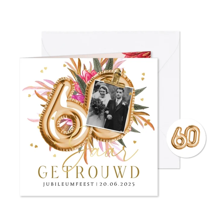 Stijlvolle uitnodiging 60 jaar getrouwd ballonnen goud foto