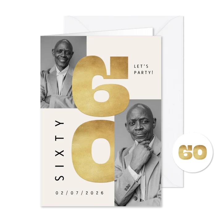 Stijlvolle uitnodiging 60 jarige verjaardag goud modern foto